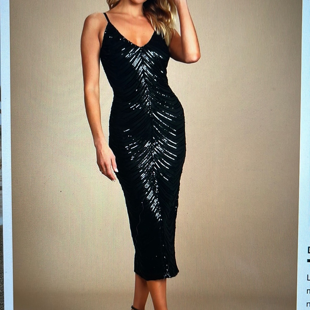 Black sequin bodycon midi dress front lulus